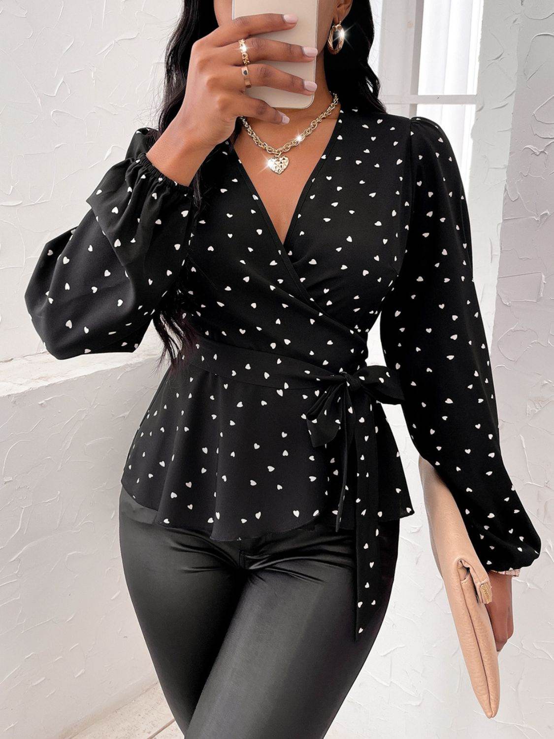 Heart Print Surplice Balloon Sleeve Blouse - Amexza