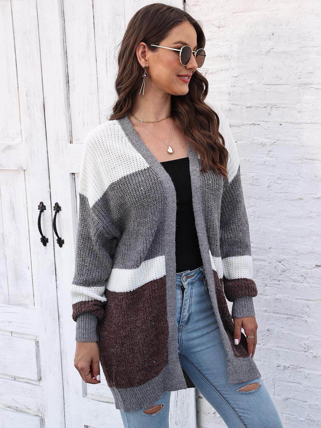 Color Block Open Front Cardigan - Amexza