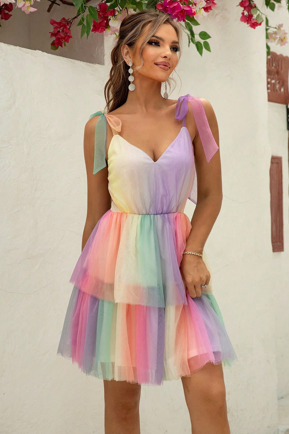 Gradient Tie-Shoulder Layered Dress - Multicolor / XS