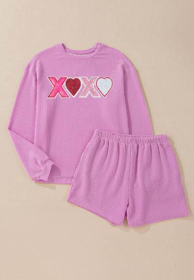 Valentine’s Day XOXO Heart Sequin Corded Long Sleeve Top and Shorts Set - Amexza