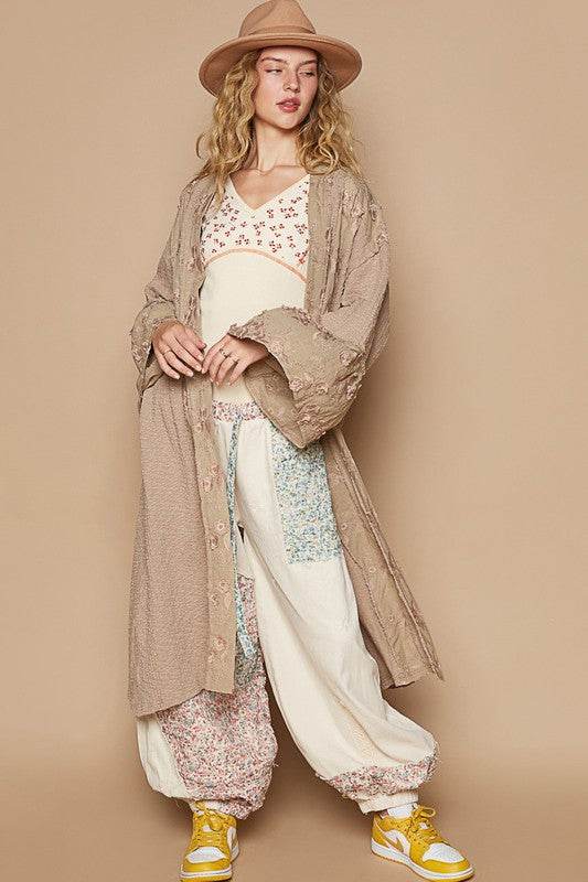 POL Flower Lace Trim Open Front Longline Cardigan for a perfect OOTD – dress to impress outfits from Amexza