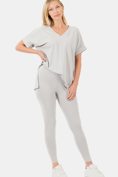 Zenana V-Neck Rolled Short Sleeve T-Shirt and Leggings Lounge Set for a perfect OOTD – dress to impress outfits from Amexza