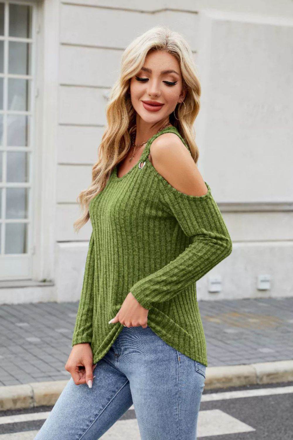 Ribbed Cold Shoulder Long Sleeve Top - Amexza