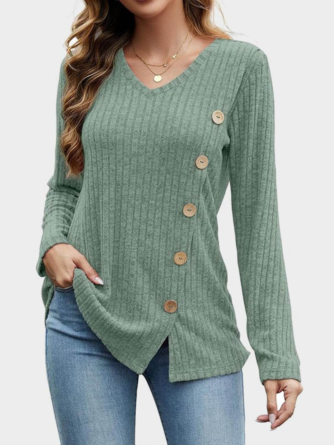 V-Neck Long Sleeve T-Shirt Sage for a perfect OOTD – dress to impress outfits from Amexza