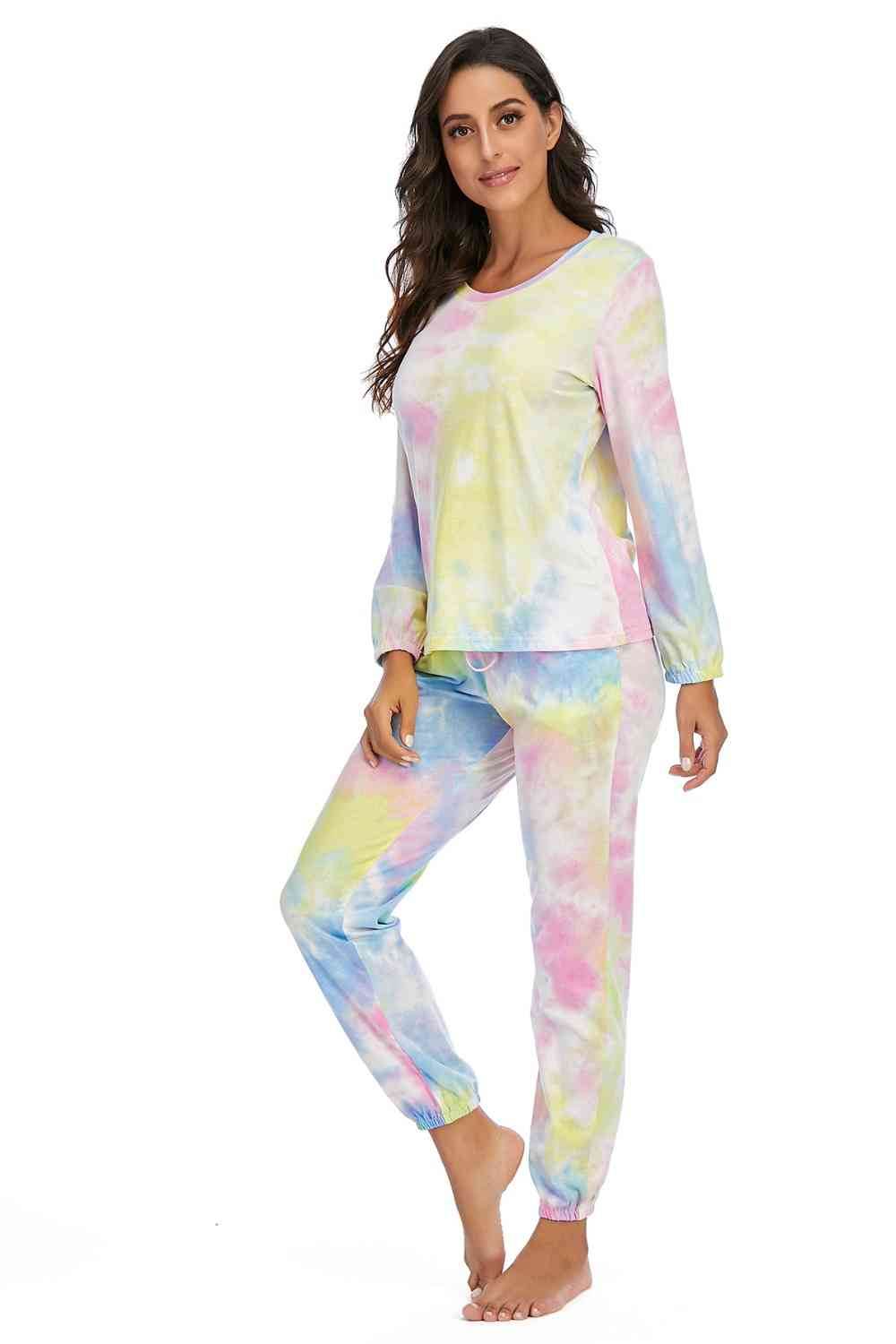 Tie-Dye Top and Drawstring Pants Lounge Set - Amexza