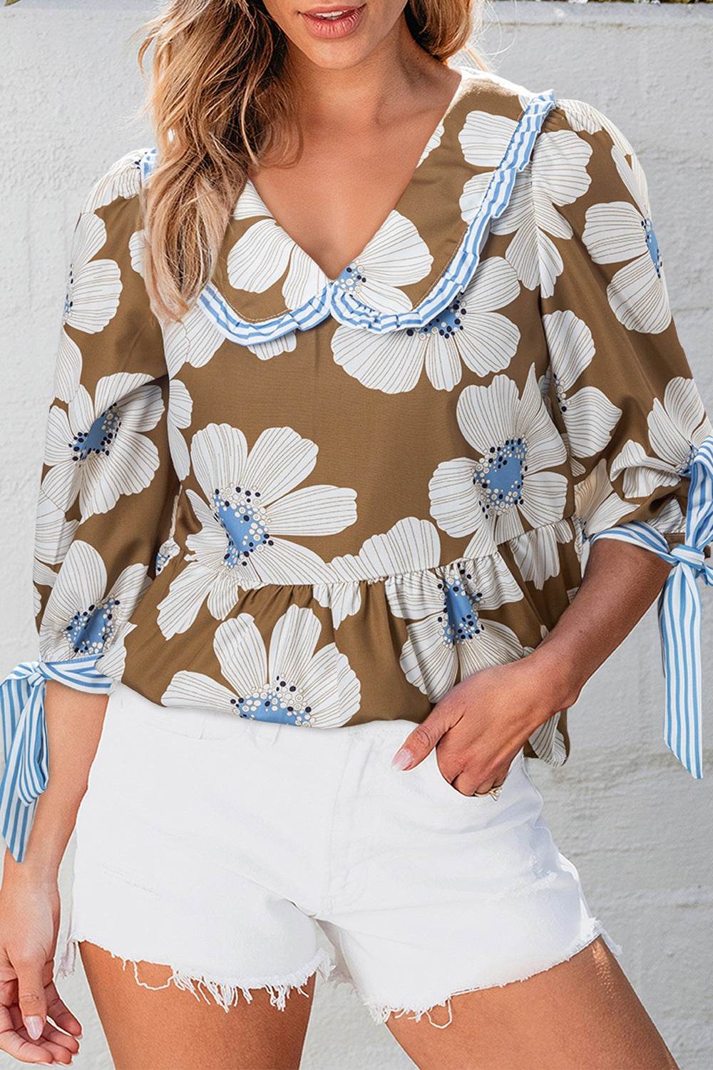 Floral Print Striped Tie Sleeve Blouse Camel for a perfect OOTD – dress to impress outfits from Amexza