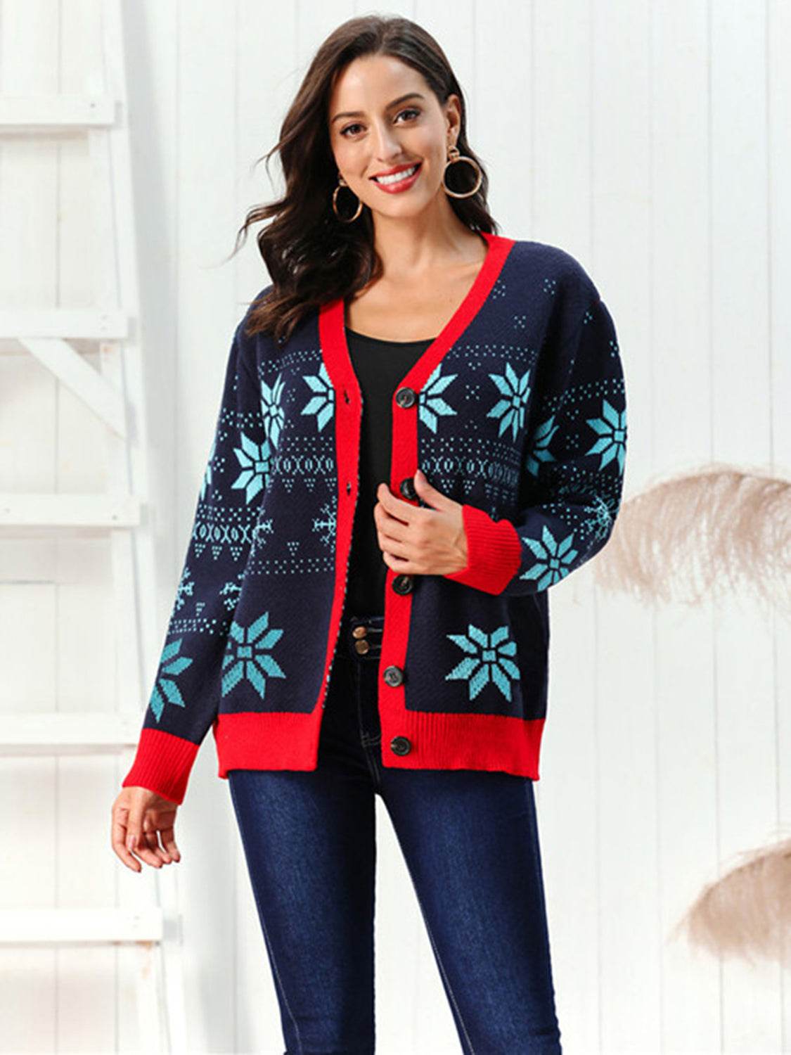 Snowflake Pattern Button Down Cardigan - Amexza