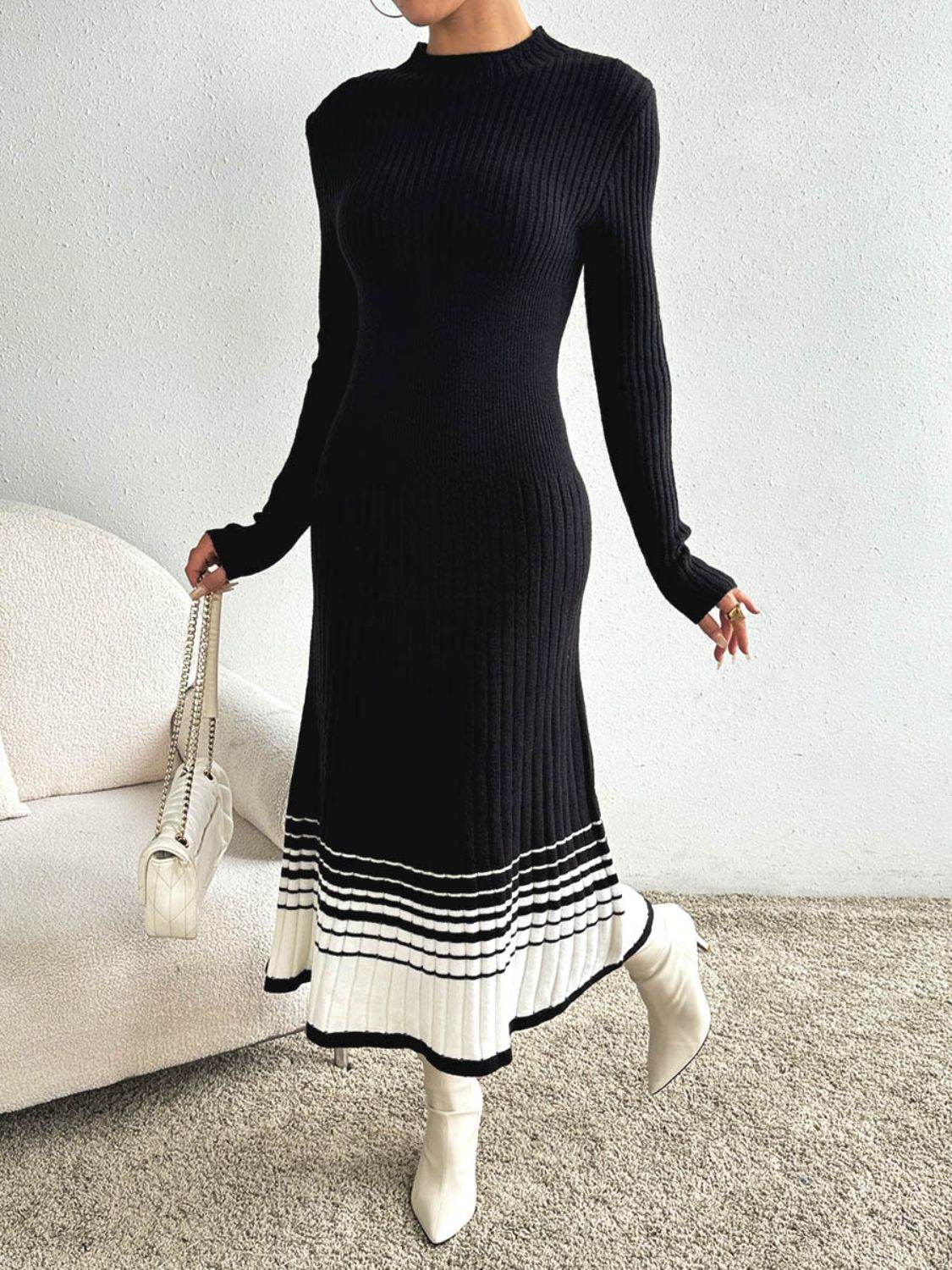 Contrast Mock Neck Long Sleeve Sweater Dress for a perfect OOTD – dress to impress outfits from Amexza