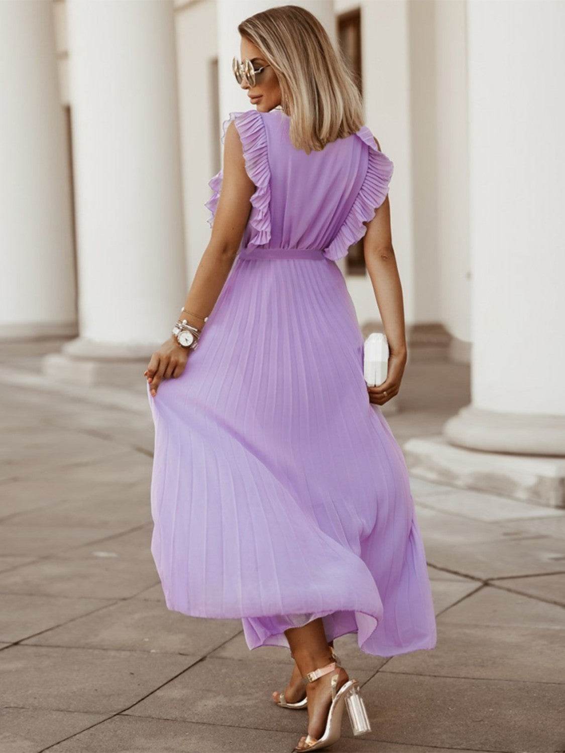 Tied Surplice Cap Sleeve Pleated Dress - Amexza