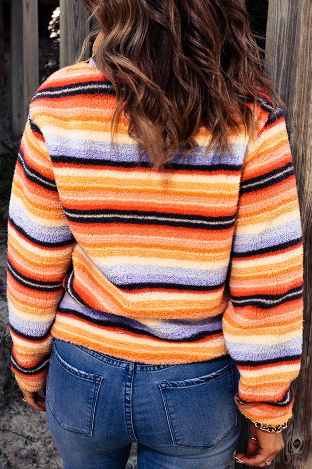 Contrast Striped Half Snap Long Sleeve Sweatshirt - Amexza