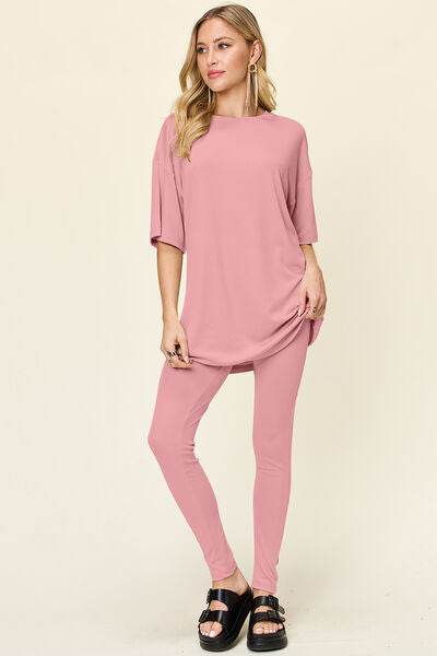 Double Take Full Size Round Neck Dropped Shoulder T-Shirt and Leggings Set Dusty Pink for a perfect OOTD – dress to impress outfits from Amexza