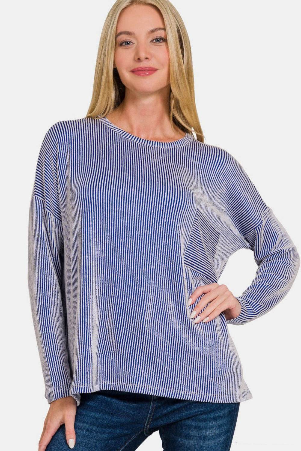 Zenana Ribbed Striped Long Sleeve T-Shirt Bright Blue for a perfect OOTD – dress to impress outfits from Amexza