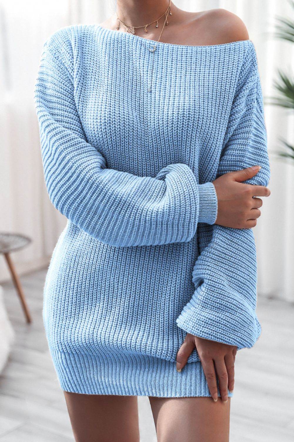 Boat Neck Long Sleeve Mini Sweater Dress Light Blue for a perfect OOTD – dress to impress outfits from Amexza