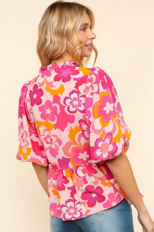Haptics Full Size Frill Floral Puff Sleeve Blouse - Amexza