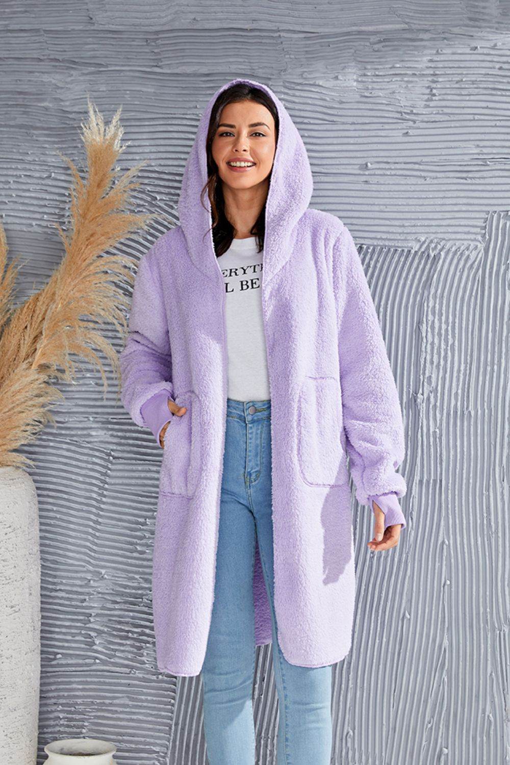 Double Take Full Size Hooded Teddy Bear Jacket with Thumbholes for a perfect OOTD – dress to impress outfits from Amexza