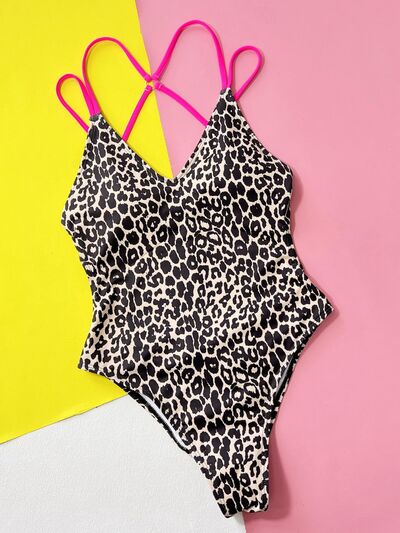 Leopard Plunge Spaghetti Strap One-Piece Swimwear for a perfect OOTD – dress to impress outfits from Amexza