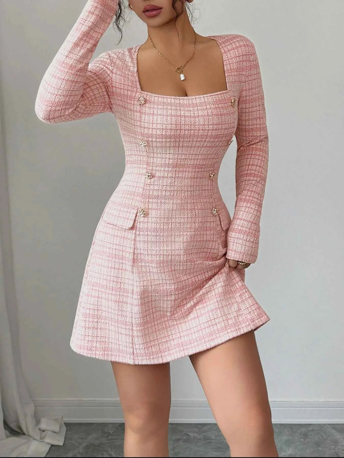 Square Neck Long Sleeve Dress