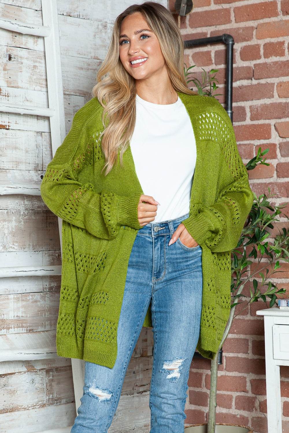 Openwork Open Front Long Sleeve Cardigan for a perfect OOTD – dress to impress outfits from Amexza