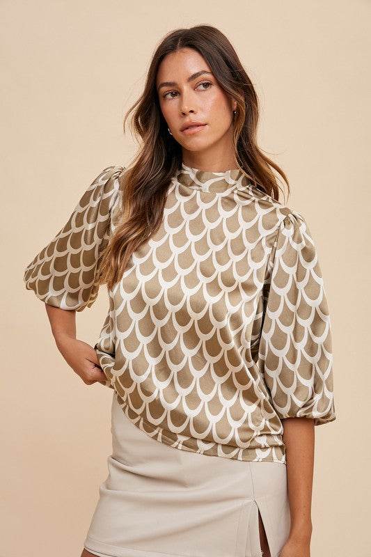 Annie Wear Tie Back Abstract Print Mock Neck Half Sleeve Blouse for a perfect OOTD – dress to impress outfits from Amexza