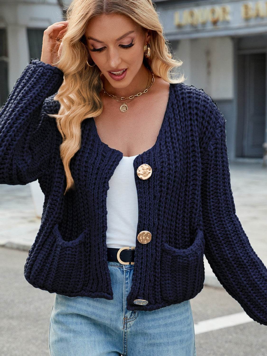 Round Neck Button Up Cardigan with Pockets - Amexza