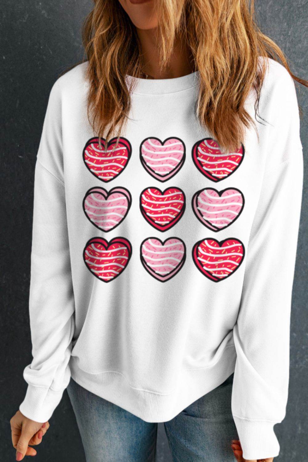 Valentine's Day Heart Round Neck Long Sleeve Sweatshirt for a perfect OOTD – dress to impress outfits from Amexza