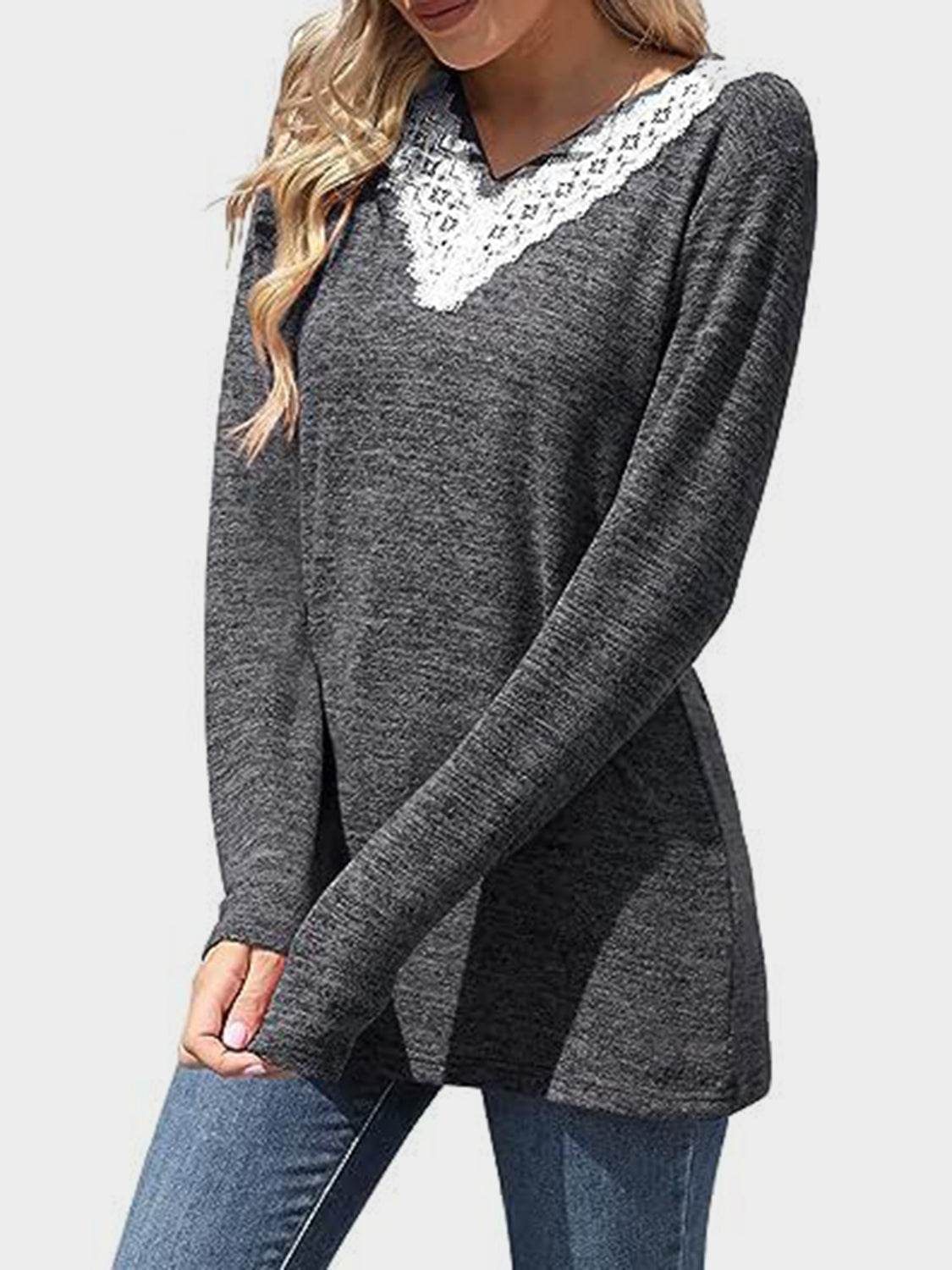 Lace Detail V-Neck Long Sleeve T-Shirt Dark Gray for a perfect OOTD – dress to impress outfits from Amexza