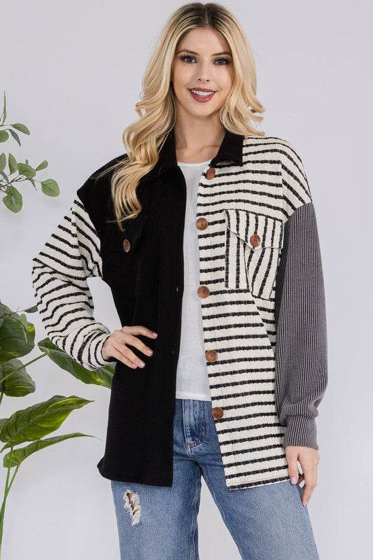 Celeste Full Size Striped Button Up Dropped Shoulder Shacket for a perfect OOTD – dress to impress outfits from Amexza