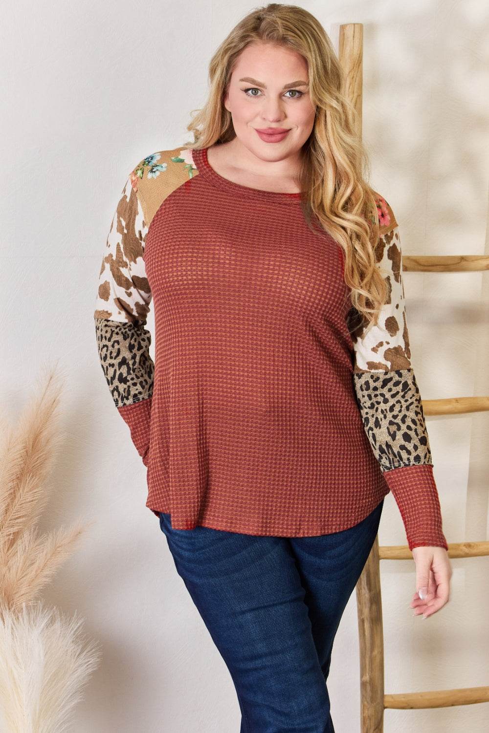 Hailey & Co Full Size Leopard Waffle-Knit Blouse for a perfect OOTD – dress to impress outfits from Amexza