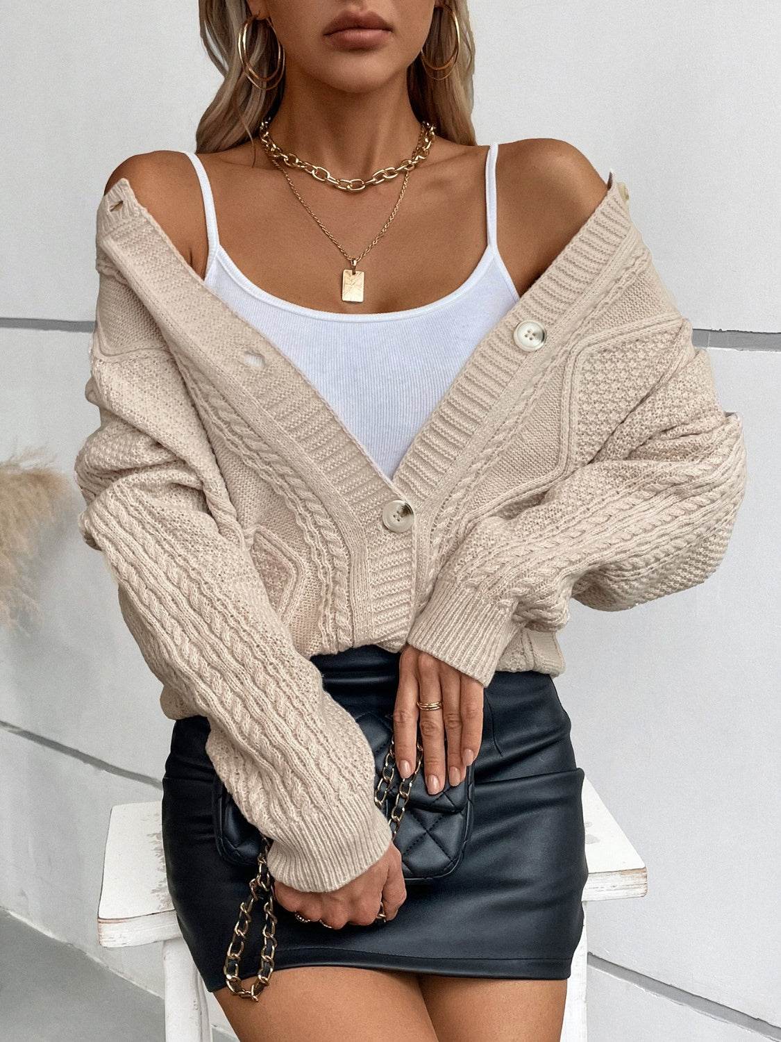 Cable-Knit Round Neck Button Up Cardigan for a perfect OOTD – dress to impress outfits from Amexza