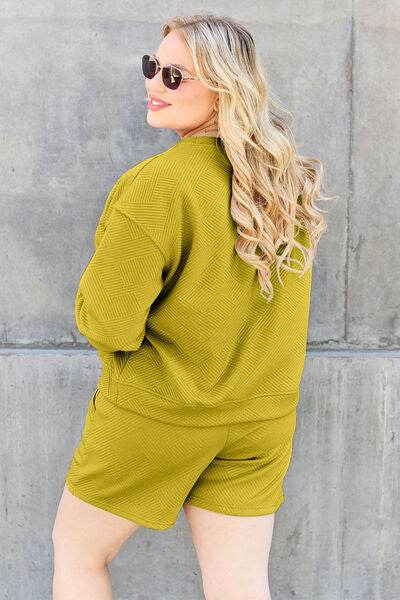 Double Take Full Size Texture Long Sleeve Top and Drawstring Shorts Set for a perfect OOTD – dress to impress outfits from Amexza