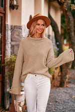 Mock Neck Drop Shoulder Sweater Khaki for a perfect OOTD – dress to impress outfits from Amexza