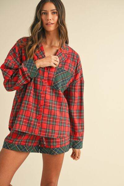 Annie Wear Contrast Plaid Long Sleeve Top and Shorts Set for a perfect OOTD – dress to impress outfits from Amexza