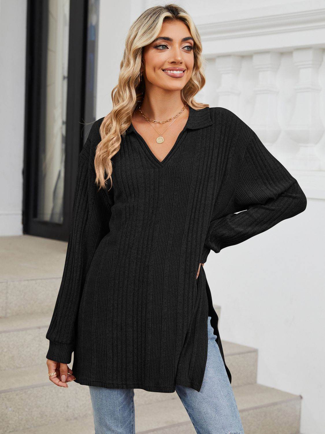 Slit Johnny Collar Long Sleeve T-Shirt for a perfect OOTD – dress to impress outfits from Amexza