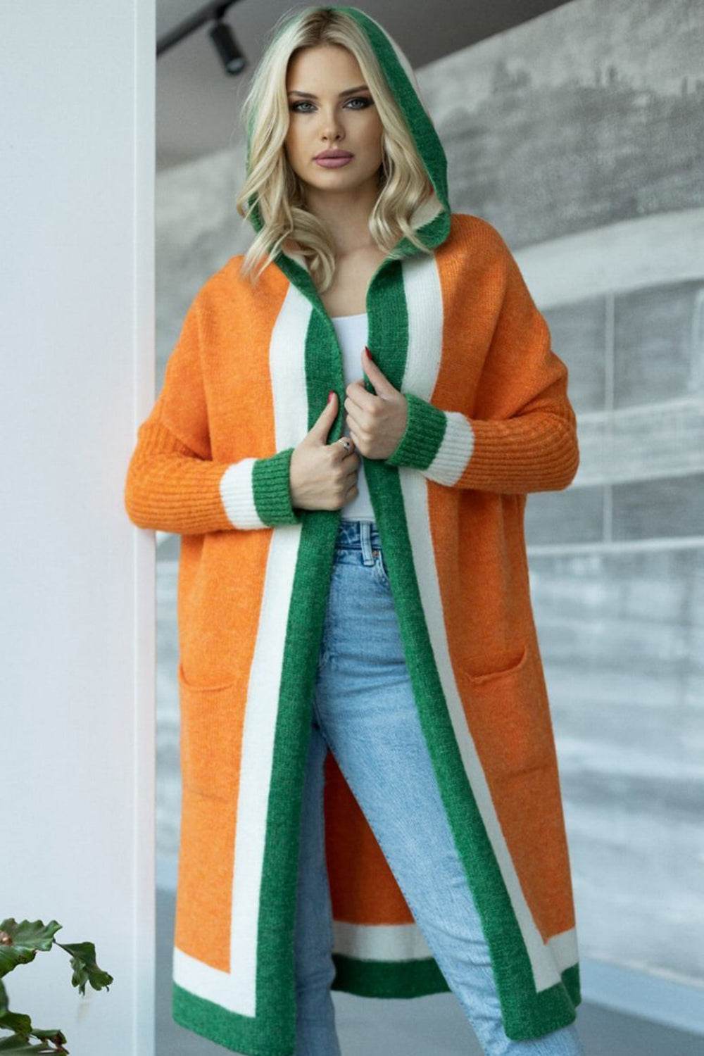 Pocketed Contrast Long Sleeve Hooded Cardigan Orange One Size for a perfect OOTD – dress to impress outfits from Amexza