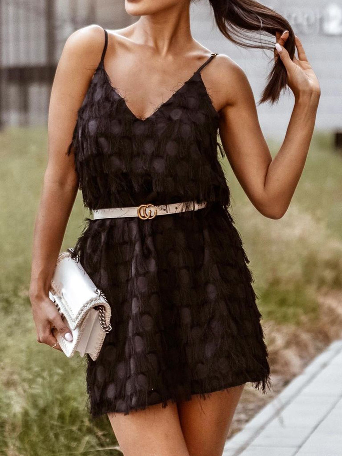 Fringe V-Neck Mini Cami Dress