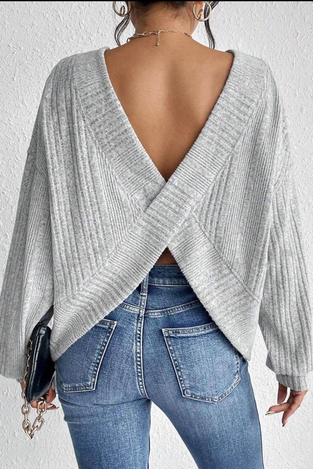 Crossover Backless Long Sleeve Knit Top - Amexza