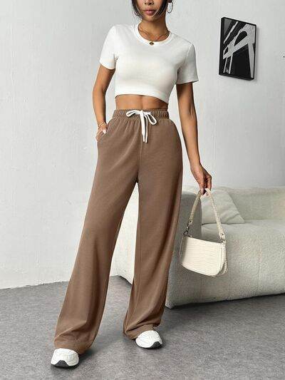 Drawstring Wide Leg Pants with Pockets Taupe for a perfect OOTD – dress to impress outfits from Amexza