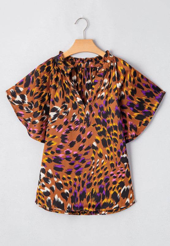 Leopard Notched Short Sleeve Blouse for a perfect OOTD – dress to impress outfits from Amexza