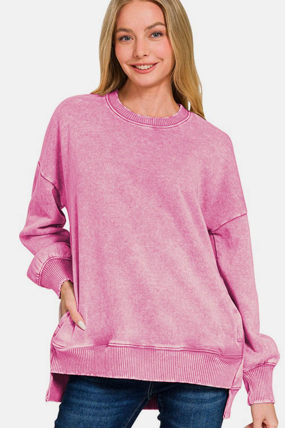 Zenana High-Low Acid Wash Fleece Sweatshirt Dusty Pink for a perfect OOTD – dress to impress outfits from Amexza