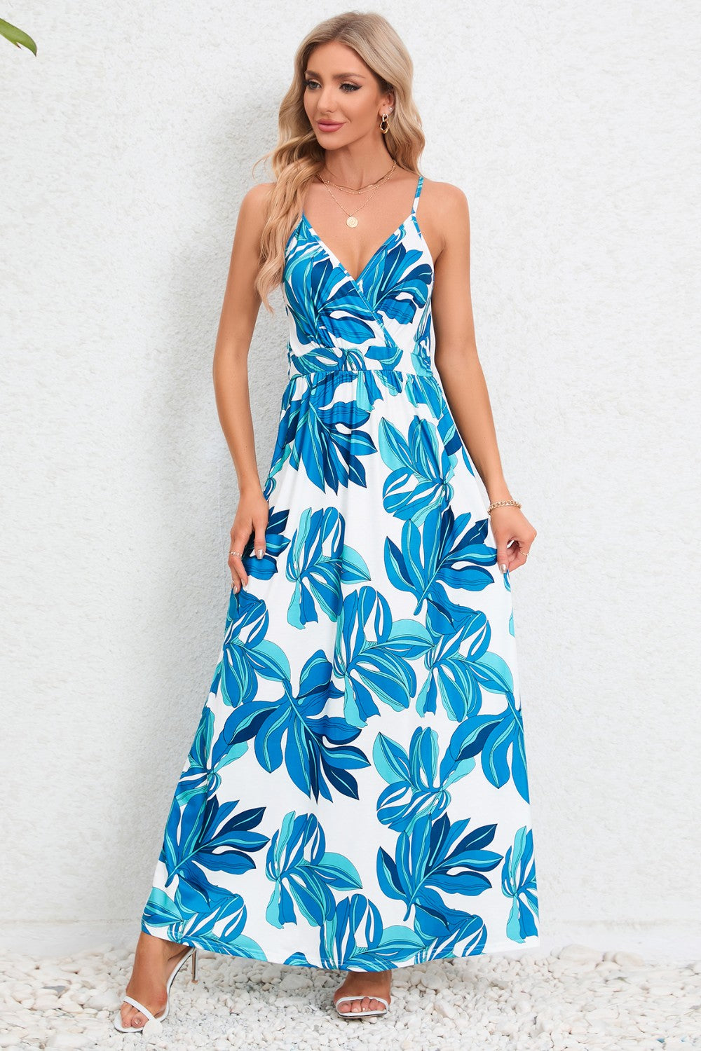 Printed Surplice Maxi Cami Dress - Cerulean / S