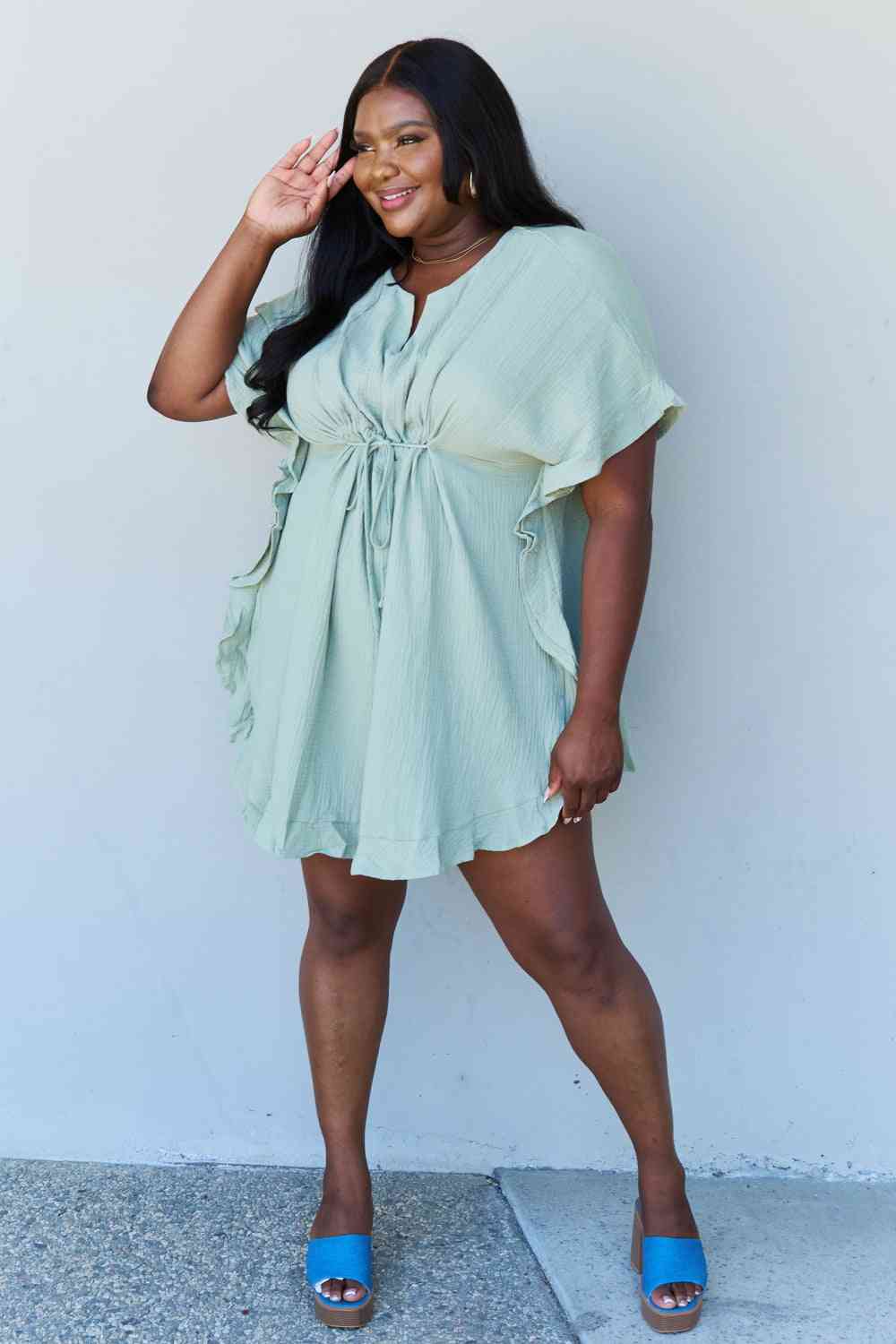 Ninexis Out Of Time Full Size Ruffle Hem Dress with Drawstring Waistband in Light Sage for a perfect OOTD – dress to impress outfits from Amexza