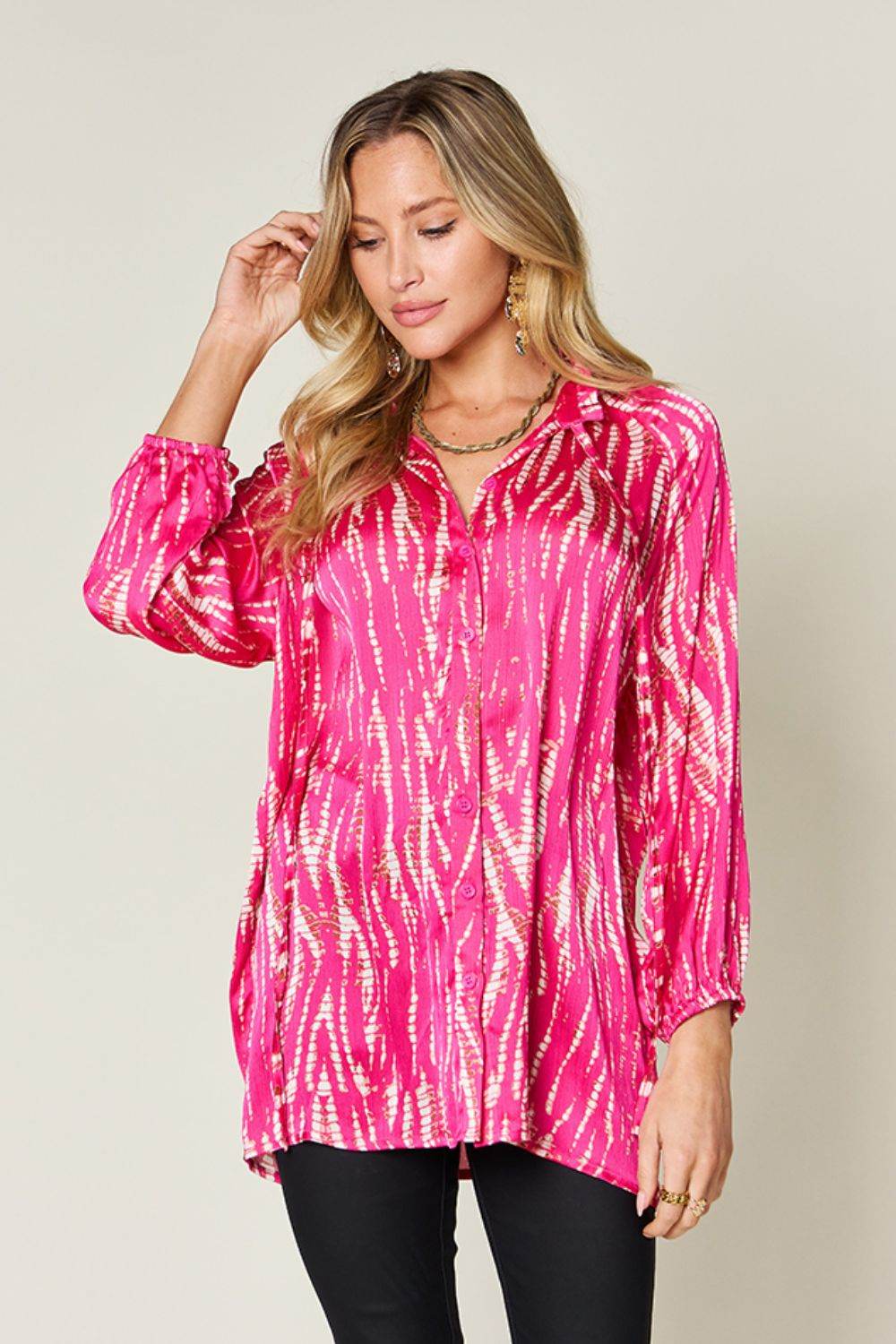 Double Take Full Size Printed Button Up Long Sleeve Shirt Hot Pink for a perfect OOTD – dress to impress outfits from Amexza