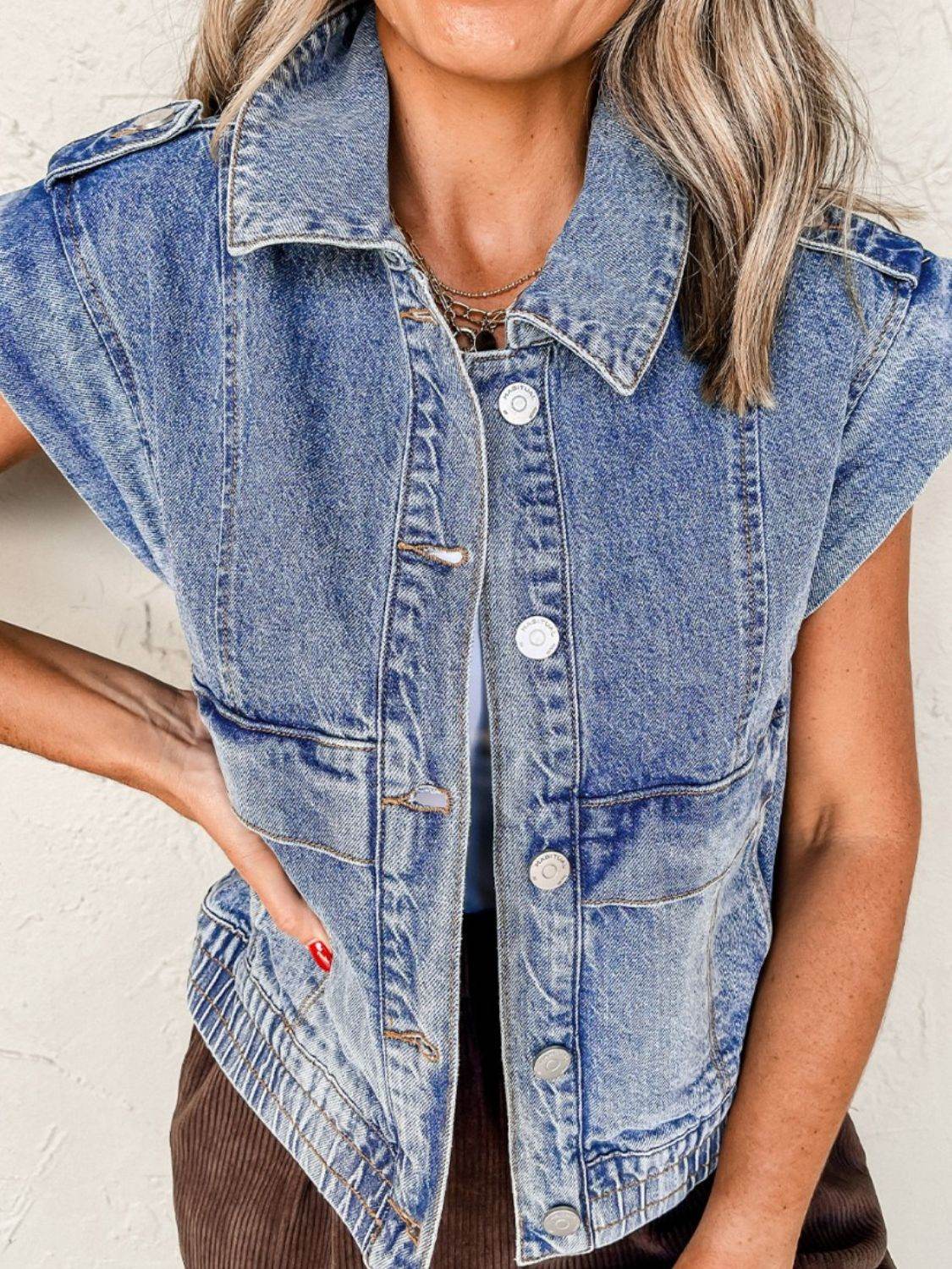 Button Up Cap Sleeve Denim Jacket - Amexza