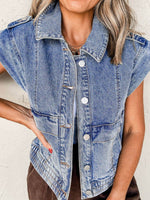 Button Up Cap Sleeve Denim Jacket - Amexza