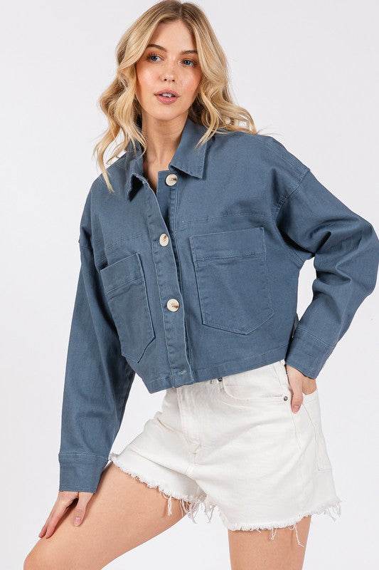 bytos Button Down Cropped Denim Jacket with Patch Pockets French Blue for a perfect OOTD – dress to impress outfits from Amexza