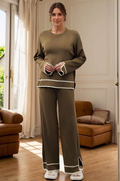 High-Low Round Neck Top and Pants Sweater Set Olive Brown One Size for a perfect OOTD – dress to impress outfits from Amexza