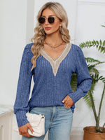 Lace Detail V-Neck Ribbed Blouse Cobalt Blue for a perfect OOTD – dress to impress outfits from Amexza