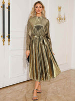 Tie Waist Long Sleeve Midi Dress - Amexza