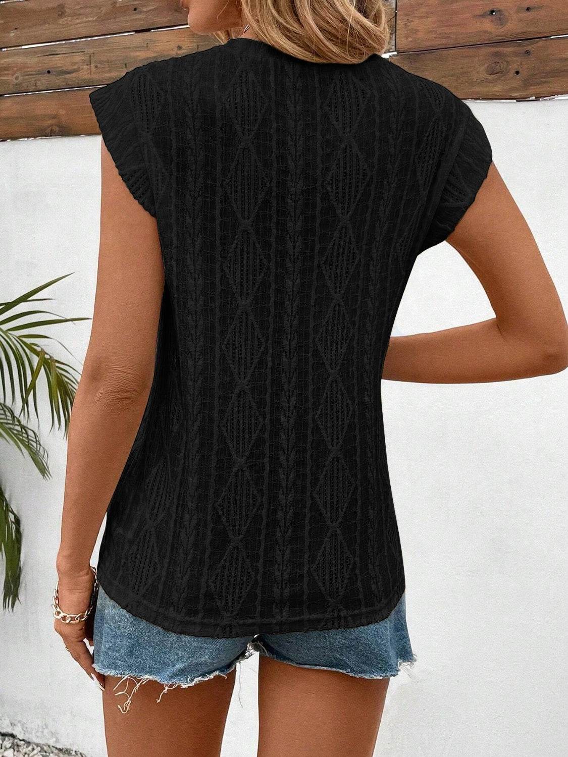 Openwork Round Neck Cap Sleeve Top - Amexza