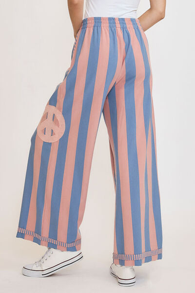 Umgee Peace Sign Patch Striped Wide Leg Pants for a perfect OOTD – dress to impress outfits from Amexza